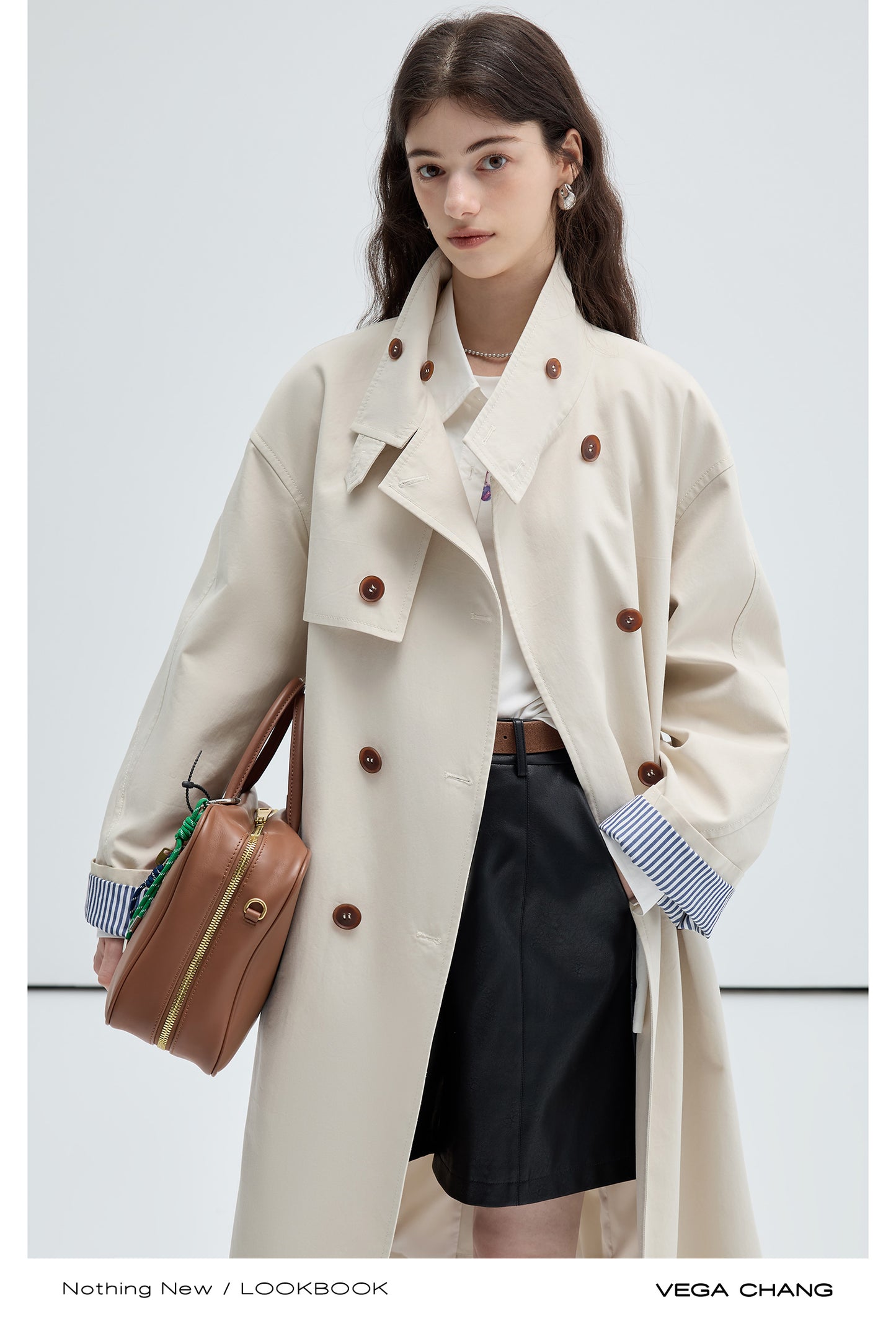 Striped Cuff Stand Collar Classic Trench