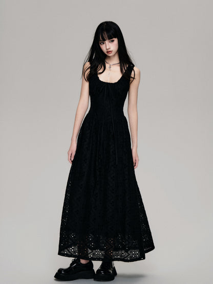 Eyelet Embroidered Lace Gathered Neck Long Dress