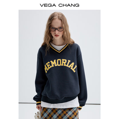 Letter Print Varsity V-Neck Sweatshirt