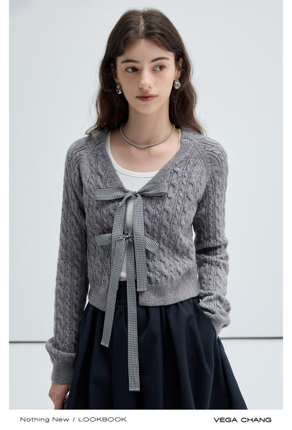 Cable Knit Cardigan With Gingham Ribbon Ties