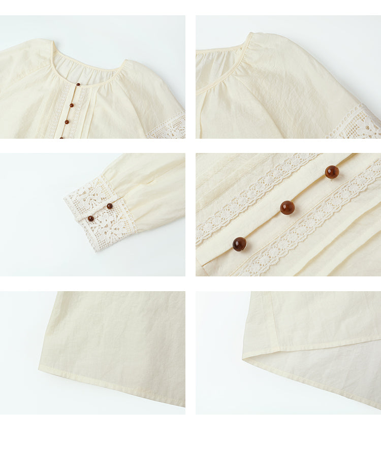 Lace Patchwork Collarless Pin Tuck Blouse