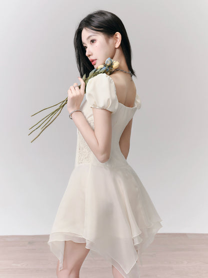 Puff Sleeve Floral Lace Bustier Style Short Chiffon Dress