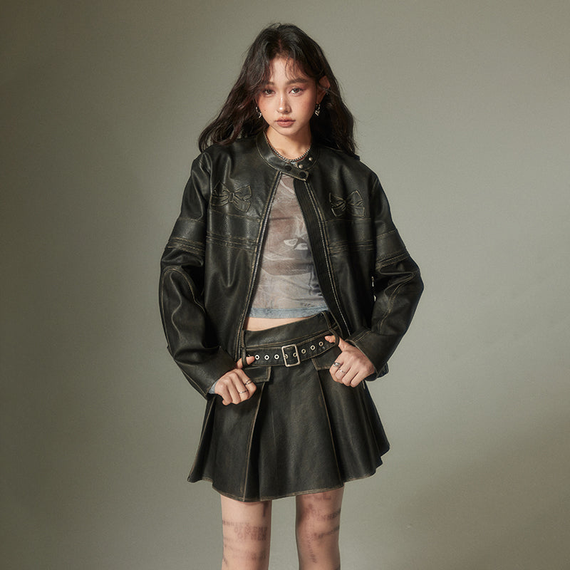 Embossed Bow Vintage-Look Faux Leather Jacket