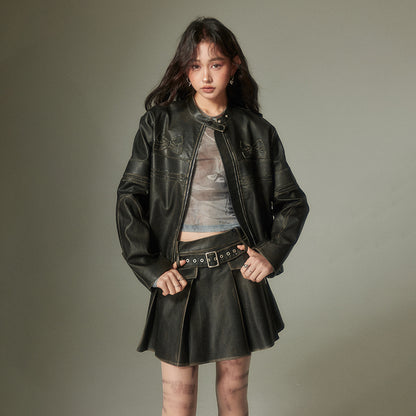 Embossed Bow Vintage-Look Faux Leather Jacket