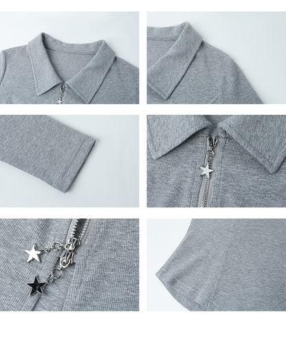 Star Charmed Zip Collared Slim Fit Rib Knit Top