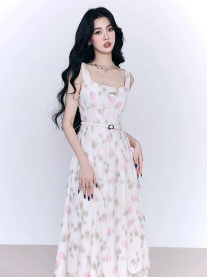 Peach Rose Floral Blurred Print Long Tank Dress With Lace Hem