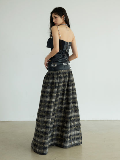 Plaid Long Skirt With Faux Leather Belted Waist