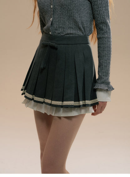 Lace Ribbon Accent Layered Pleated Mini Skirt