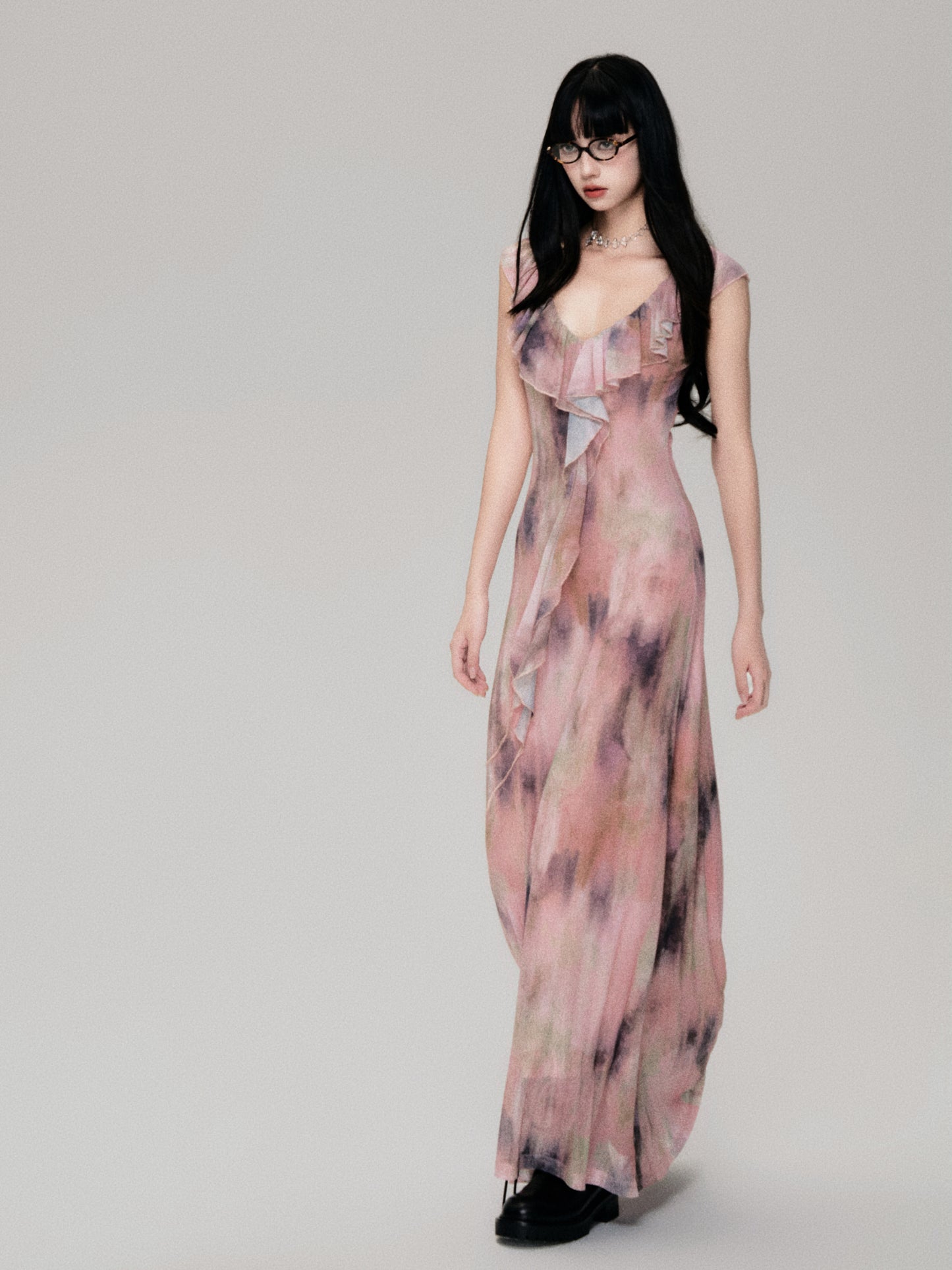 Smudge Print Wood Ear Edge V-Neck Mesh Long Dress