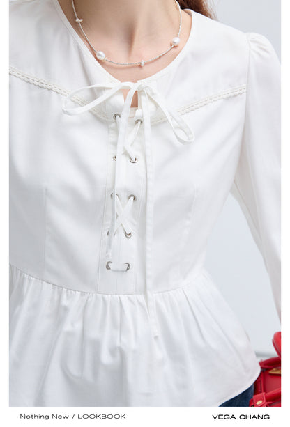 Cross Lace Up Puff Sleeved Blouse