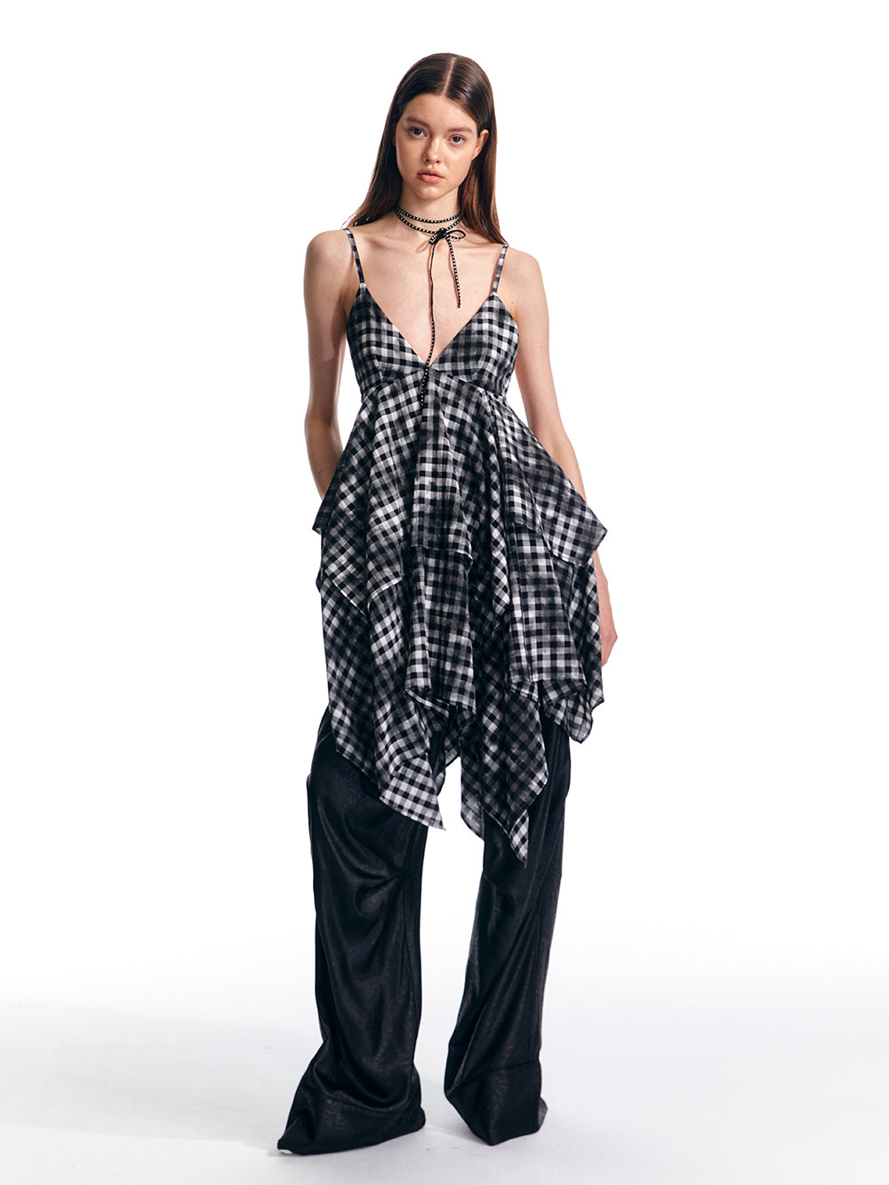 Asymmetric Gingham Check Layered Camisole Dress