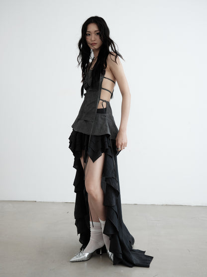 Long-Tailed Asymmetrical Lace-Up Ruffle Skirt