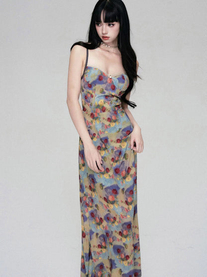 Oil Painting Style Floral Long Cami Dress