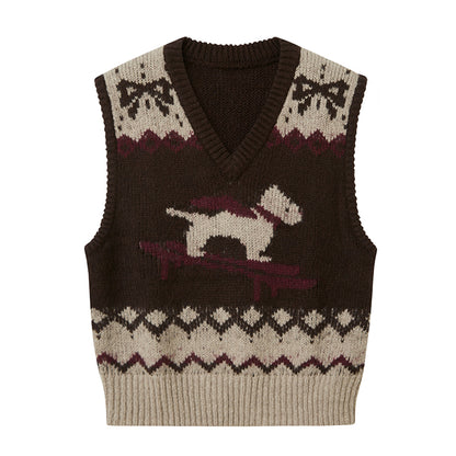 Puppy Patterned Jacquard Wool Blend Knit Vest