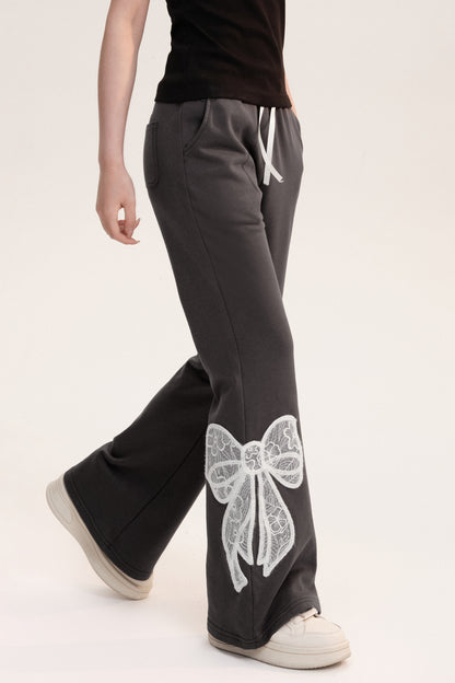 Large Lace Bow Patched Flare Sweatpants