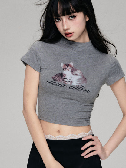 Cat Print Mock Neck Cropped Fitted T-Shirt