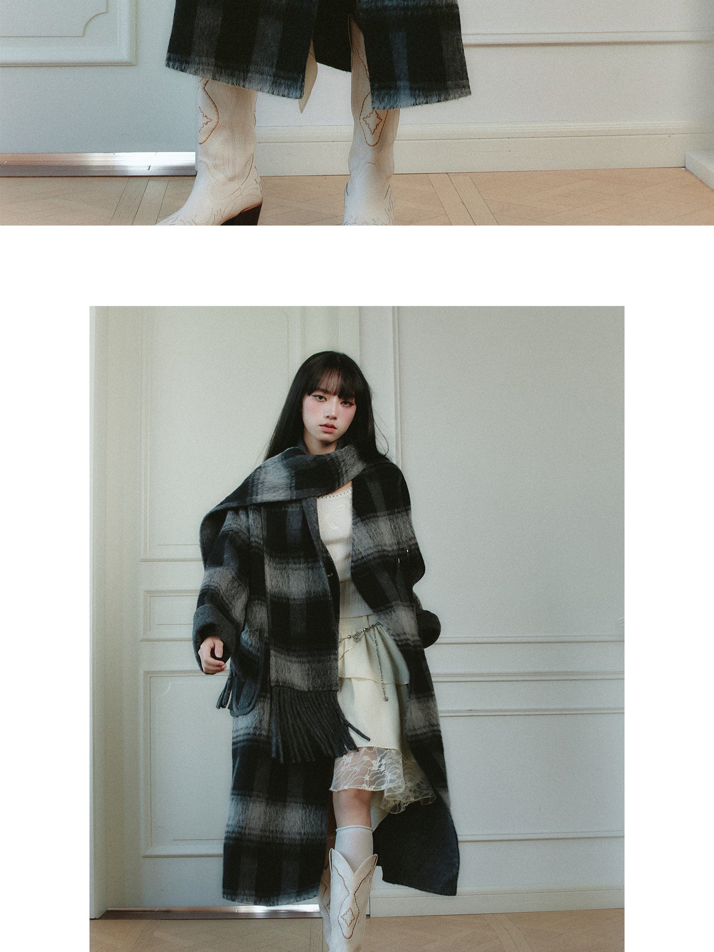 Plaid Collarless Wool Tweed Long Coat