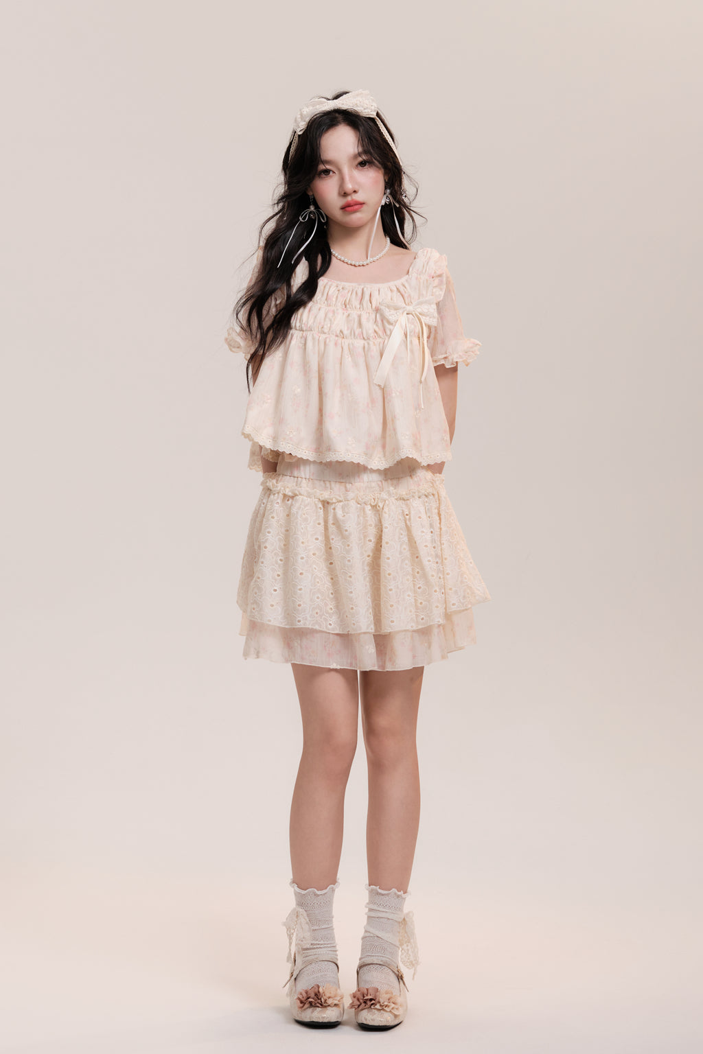 Floral Shirred Blouse And Short Eyelet Lace Skirt