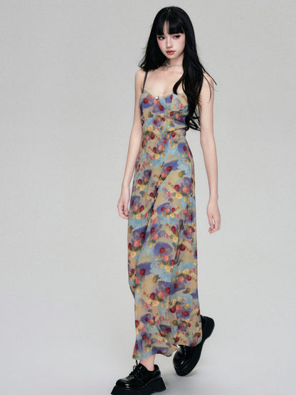 Oil Painting Style Floral Long Cami Dress