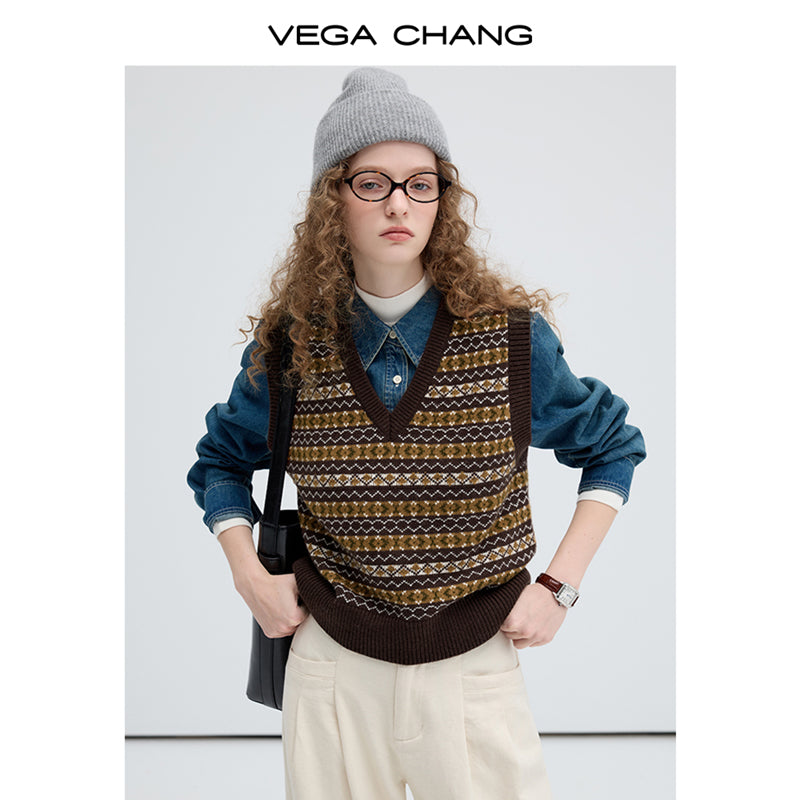 Wool Blend Fair Isle Design V-Neck Vest