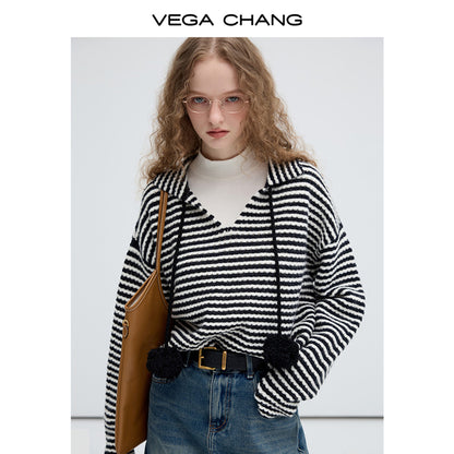 Collared V-Neck Pompom Striped Knit Pullover