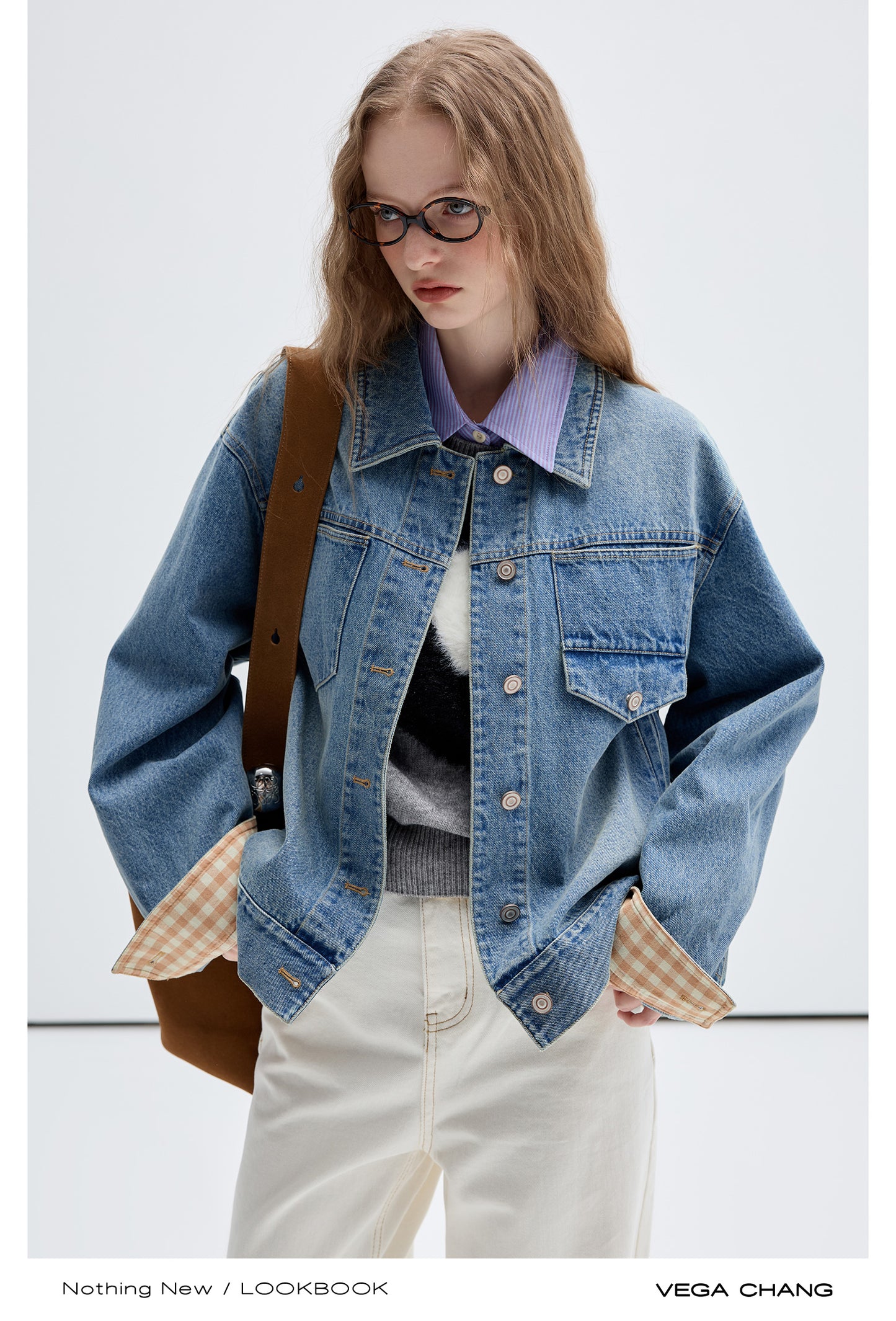 Gingham Check Cuffs Washed Denim Jacket