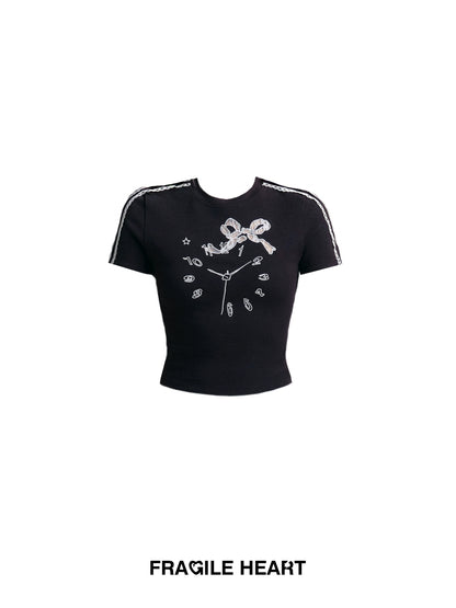 Clock Embroidered T-Shirt With Lace Trim And Bow Accents