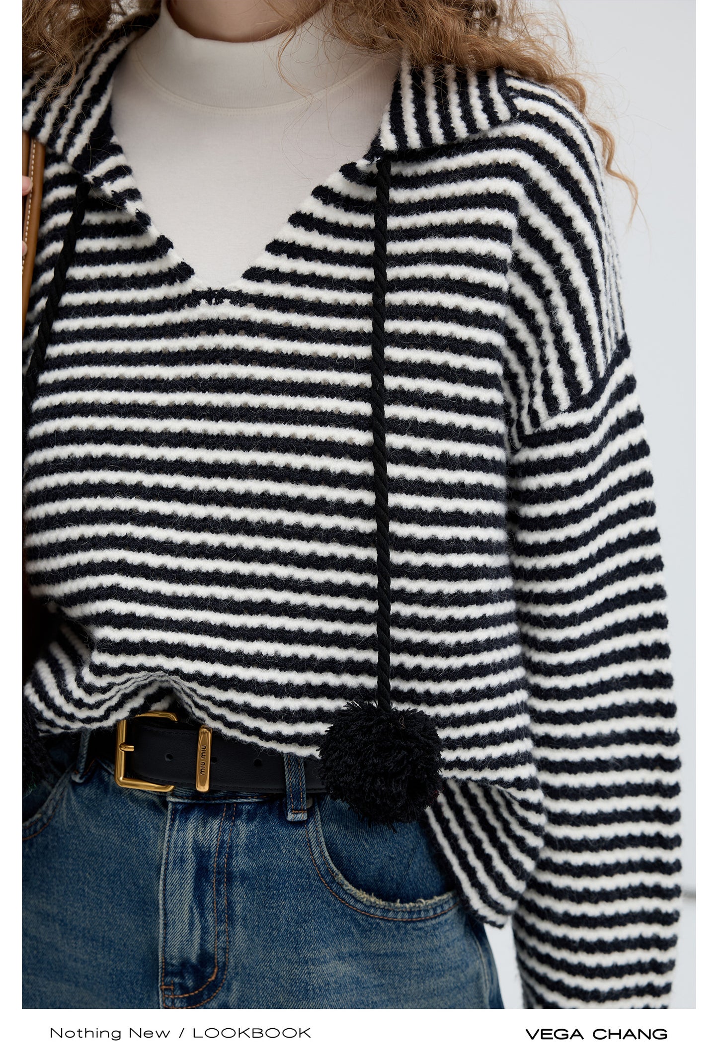 Collared V-Neck Pompom Striped Knit Pullover