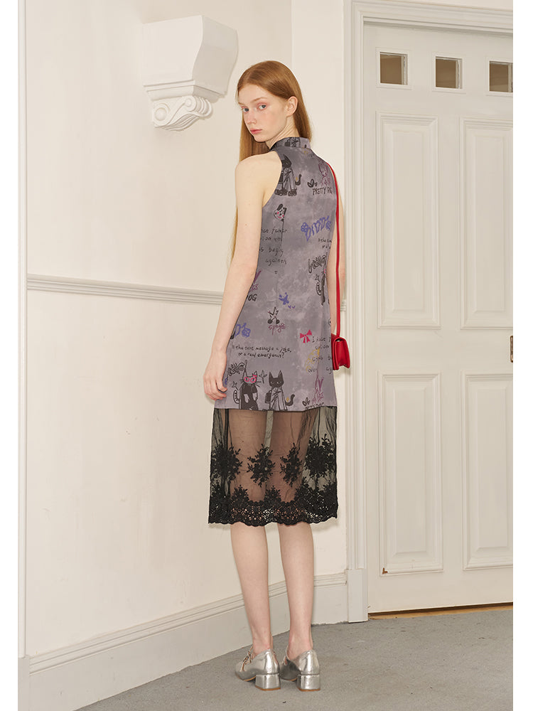 Qipao Inspired Lace Hem Graffiti Print Dress