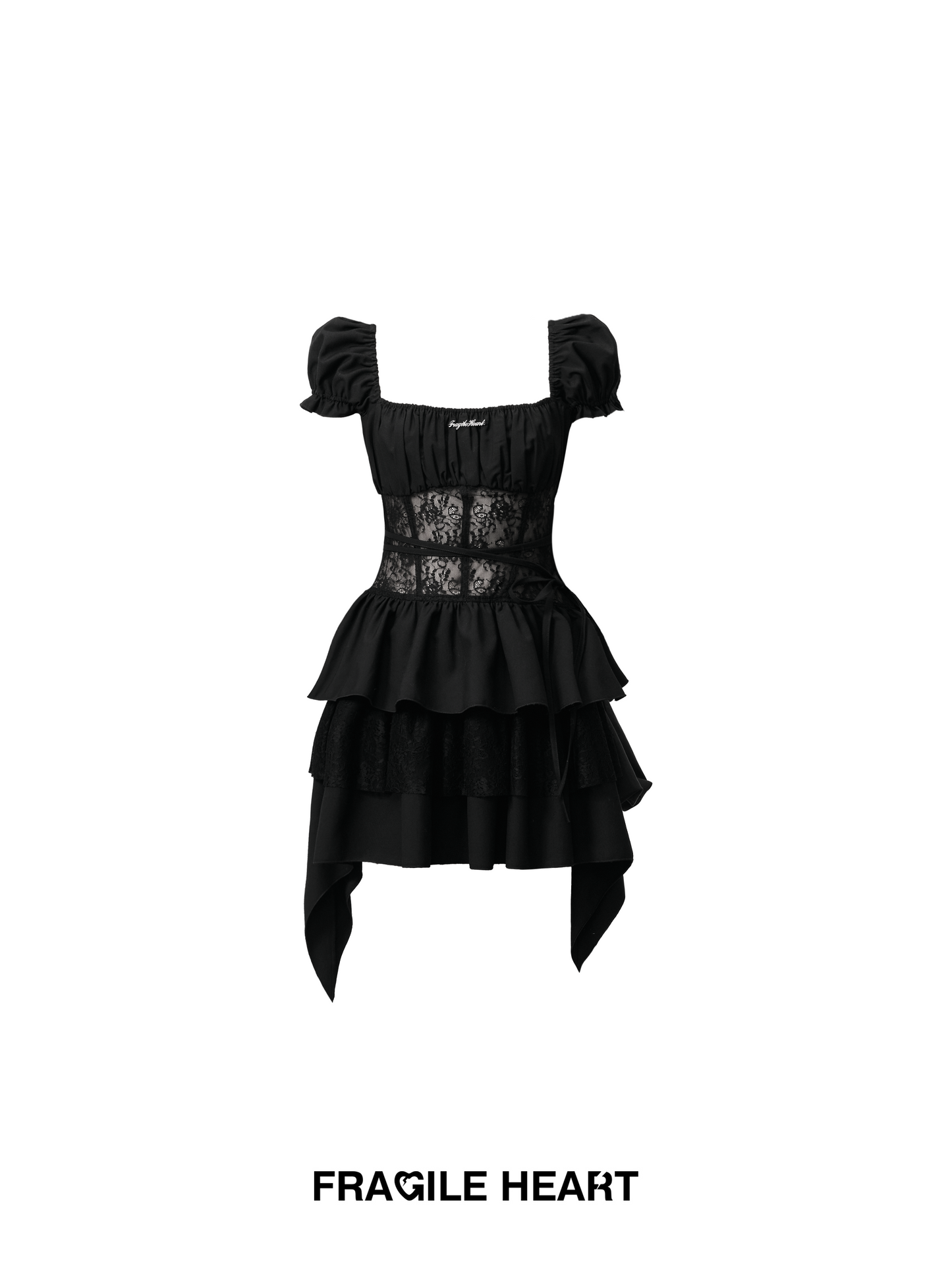 Puff Sleeves Lace Ruffled Short Dress With Thin Waist Strap