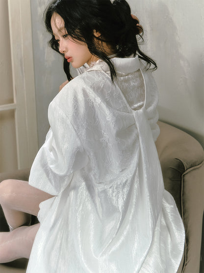 Extended Lace Cuff Bow Motif Oversize Shirt