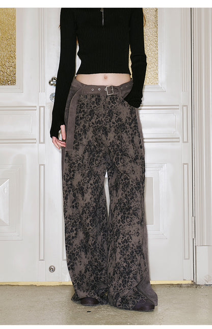 Cotton Blend Leopard Wide-Leg Belted Trousers