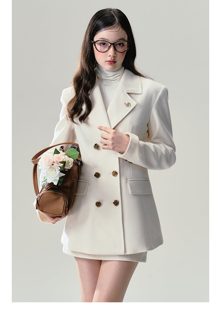 Rose Button Slim Fit Blazer Coat And Mini Skirt