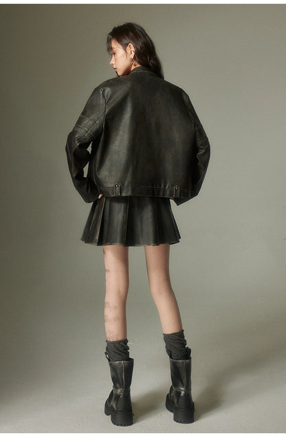 Embossed Bow Vintage-Look Faux Leather Jacket