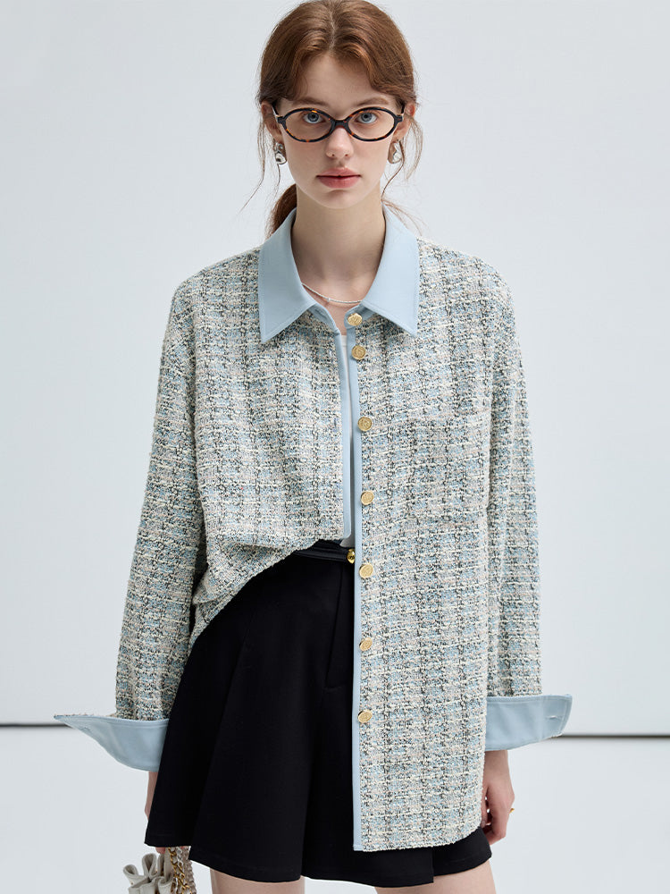 Straight Loose Fit Long Sleeved Tweed Shirt