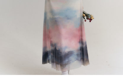 Vibrant Gradient Flower Drape Strapped Dress