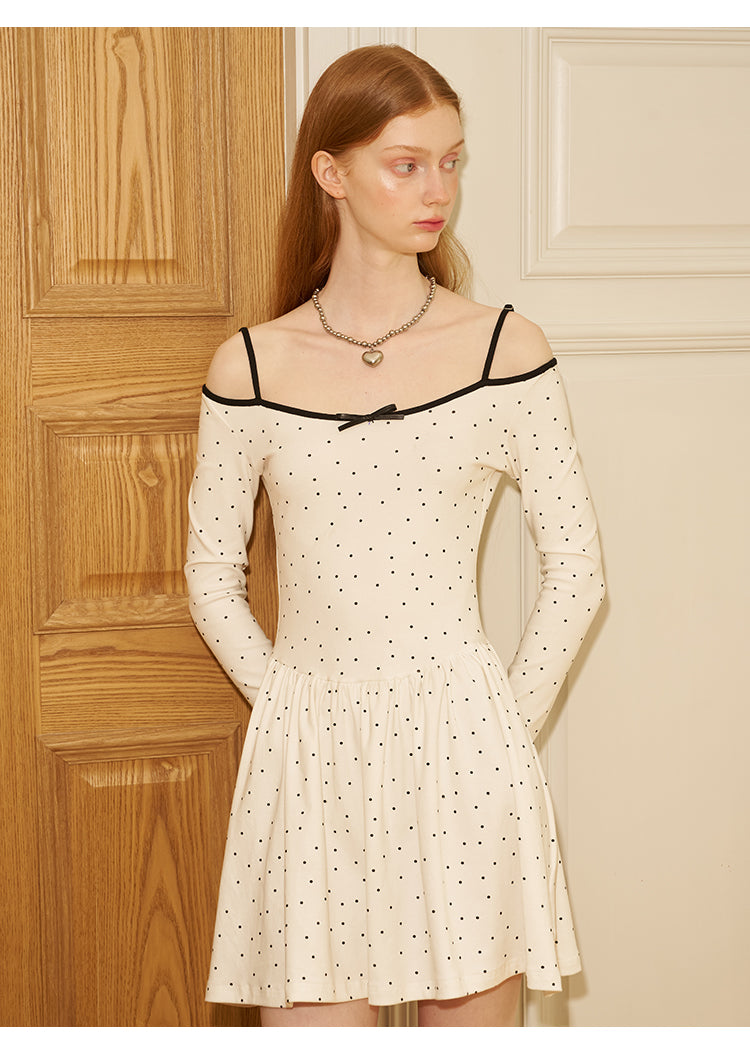 Polka Dot Off-Shoulder Glove Sleeve Short Dress