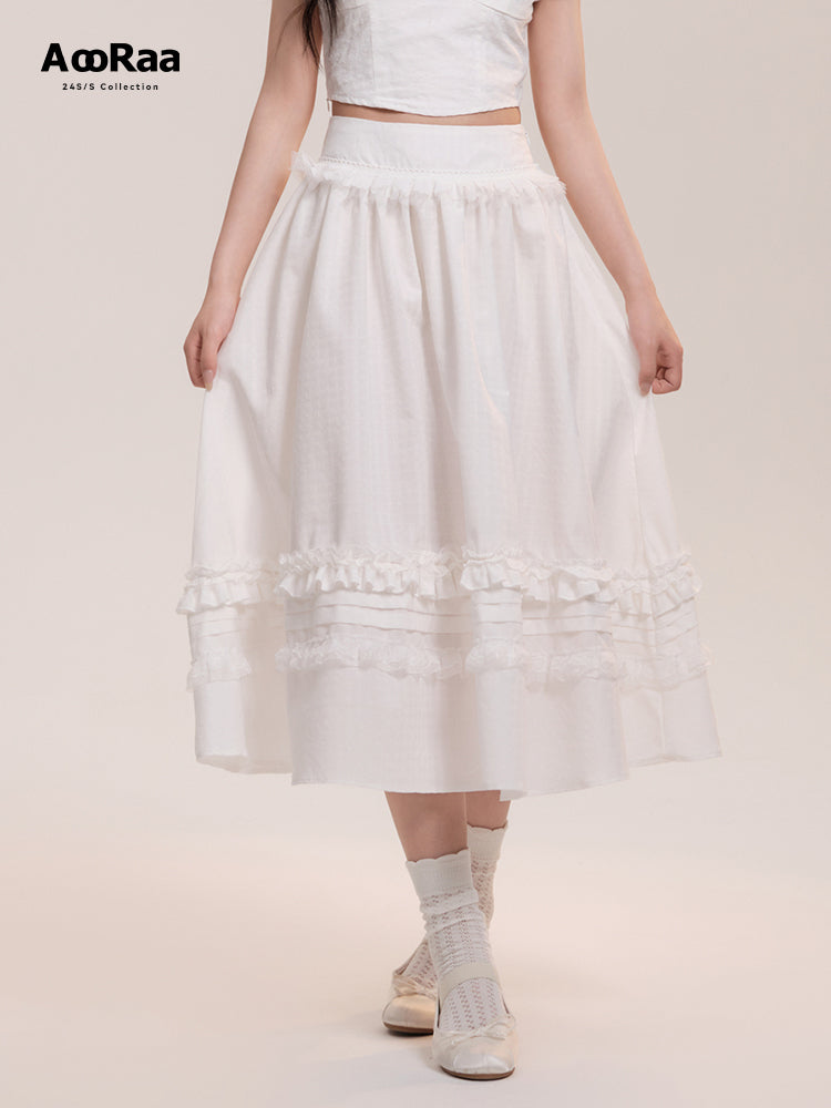 High Waist Lace Frilled Zip Up Flare Long Skirt