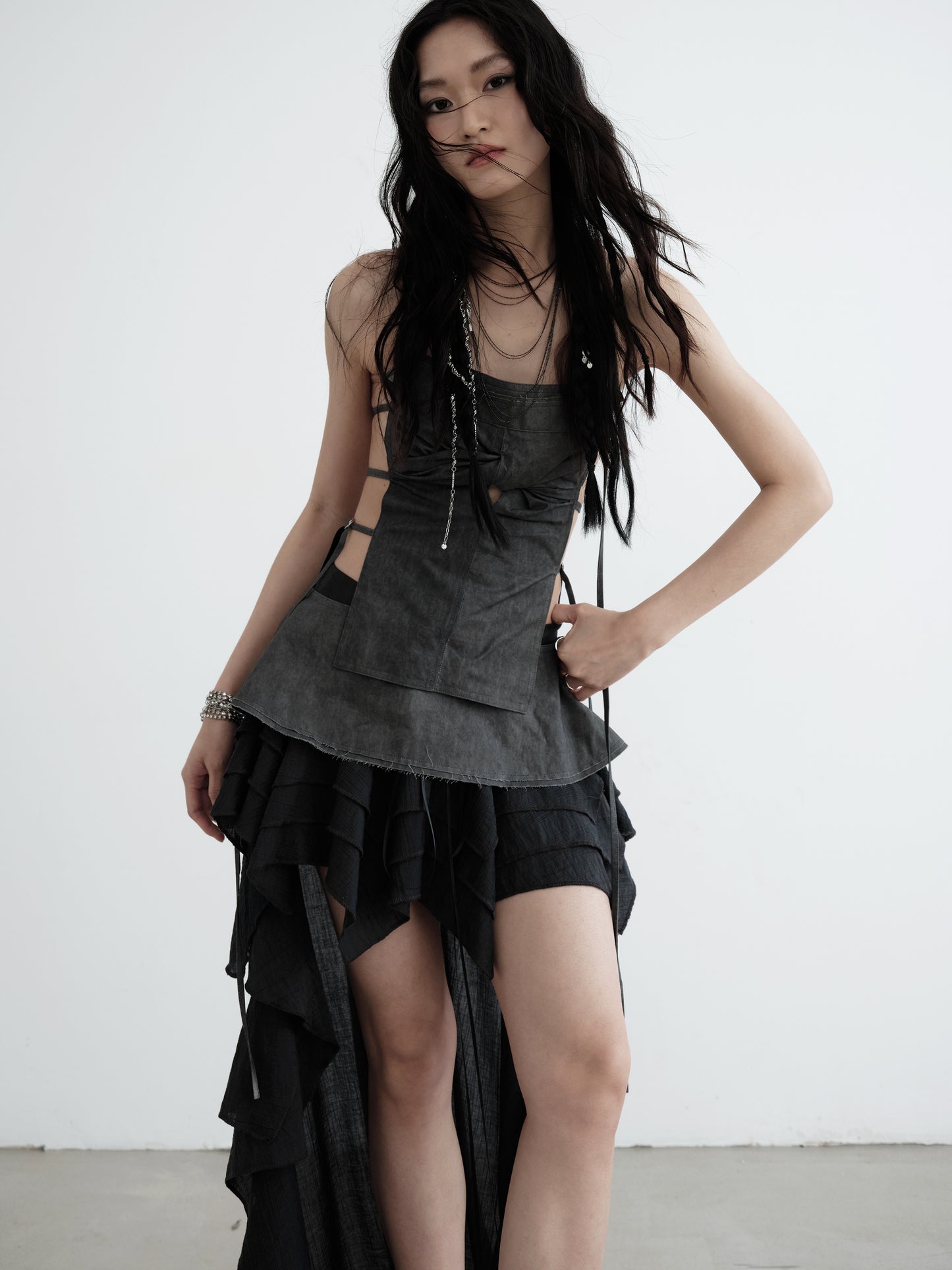 Long-Tailed Asymmetrical Lace-Up Ruffle Skirt