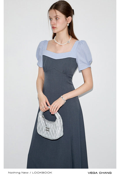 Puff Sleeve Striped Pinafore Shirt Dress