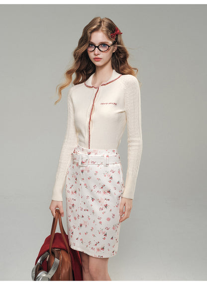 Red Rose Floral Print Pants, Belted Skirt