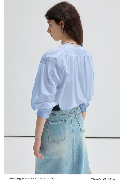 Embroidered Balloon Sleeve Blouse And Denim Skirt