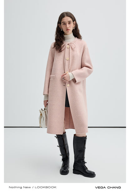 Wool-Silk Blend Collarless Tie Neck Coat