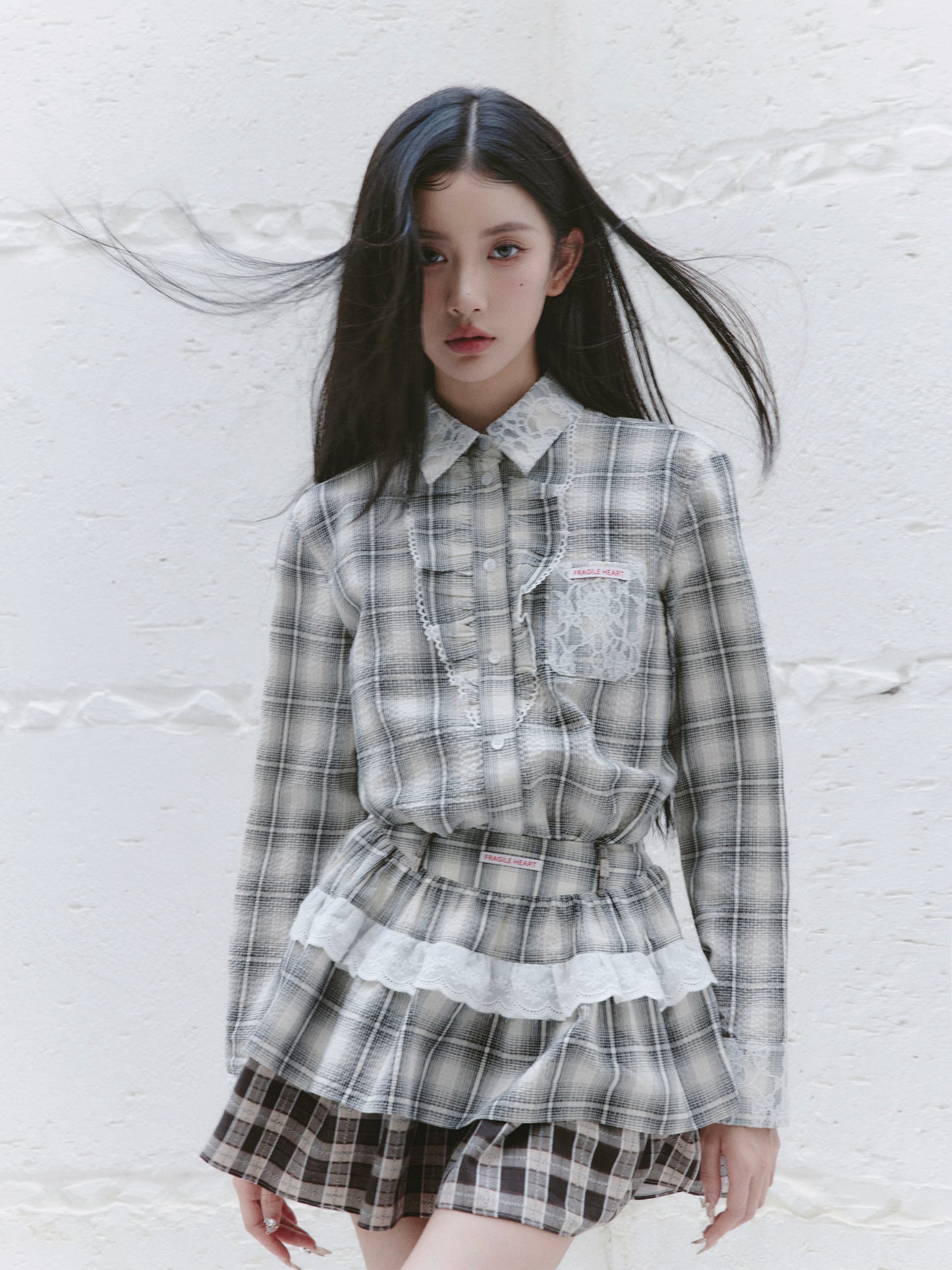 Plaid Frilled Cotton Shirt, Layered Mini Skirt