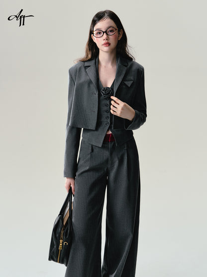 Striped Cropped Jacket, Vest, Wide-Leg Pants Suit