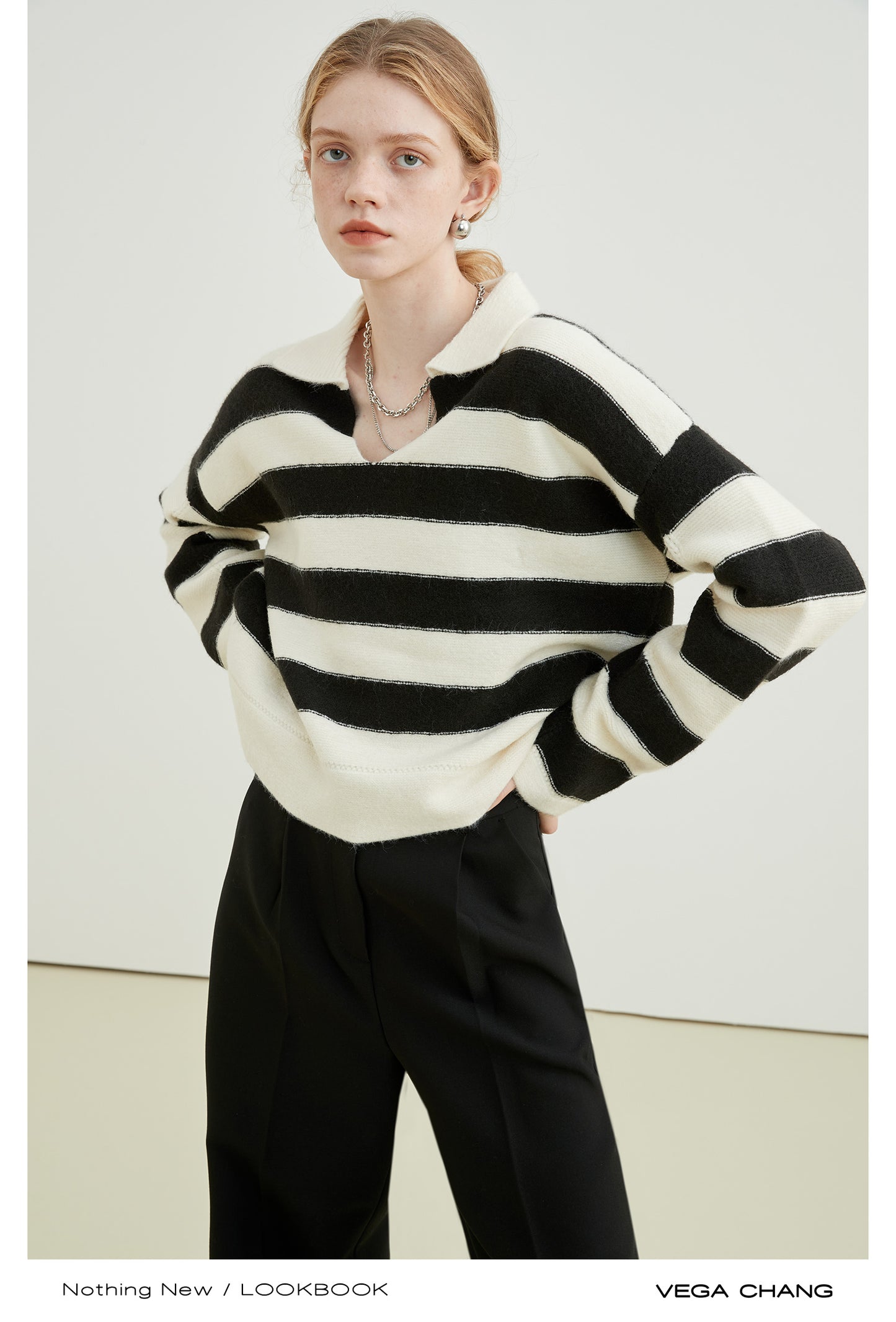 Polo Collar Open V-Neck Striped Sweater