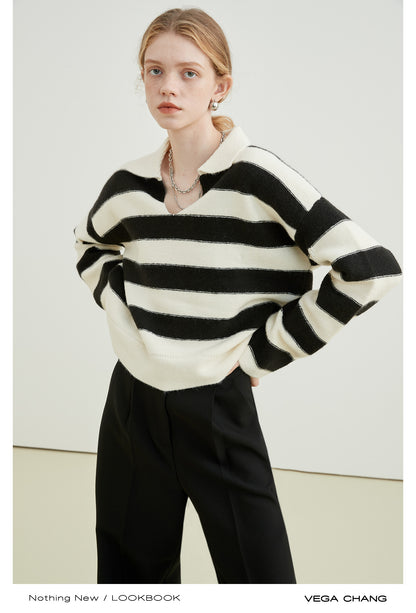 Polo Collar Open V-Neck Striped Sweater