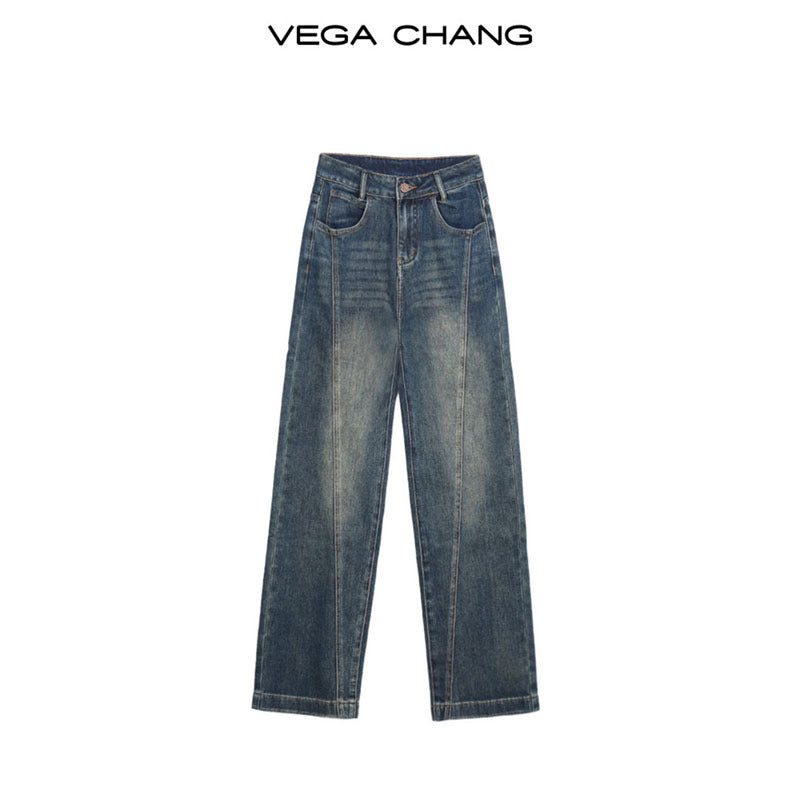 High Waisted Bias Seam Washed Straight Jeans