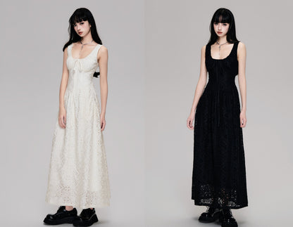 Eyelet Embroidered Lace Gathered Neck Long Dress