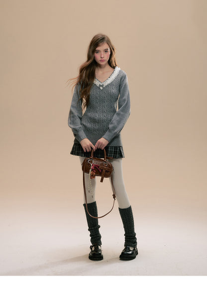 Frilled V-Neck Cable Knit Sweater